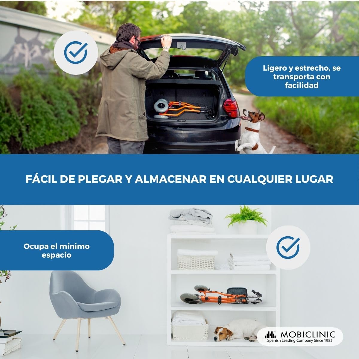 Mobiclinic®, Andador plegable 3 ruedas, Caleta, Cesta con tapa y bolsa, Frenos en manetas, Regulable altura, Marca española, Ligero, Estructura manejable, Pequeñas, Naranja