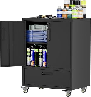 Metal Garage Storage Cabinet on Wheels, Lockable Rolling Tool Cabinet | with Drawer and Adjustable Shelf, Heavy Duty Steel Storage Cabinet for Garage Warehouse Workshop Utility Room