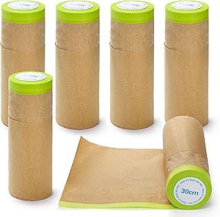 Jucoan 6 Rolls Masking Paper, Pre-Taped Masking Paper for Painting, 12 Inch x 50 Feet Tape and Drape Automotive Paint Mask...