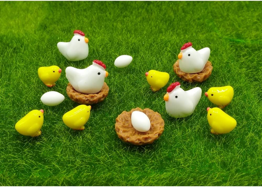 EMiEN 16 Pieces Hens Chickens Family,Miniature Ornament,Decoration,Hens,Henhouse,Chickens,Eggs Miniature Ornament Garden.