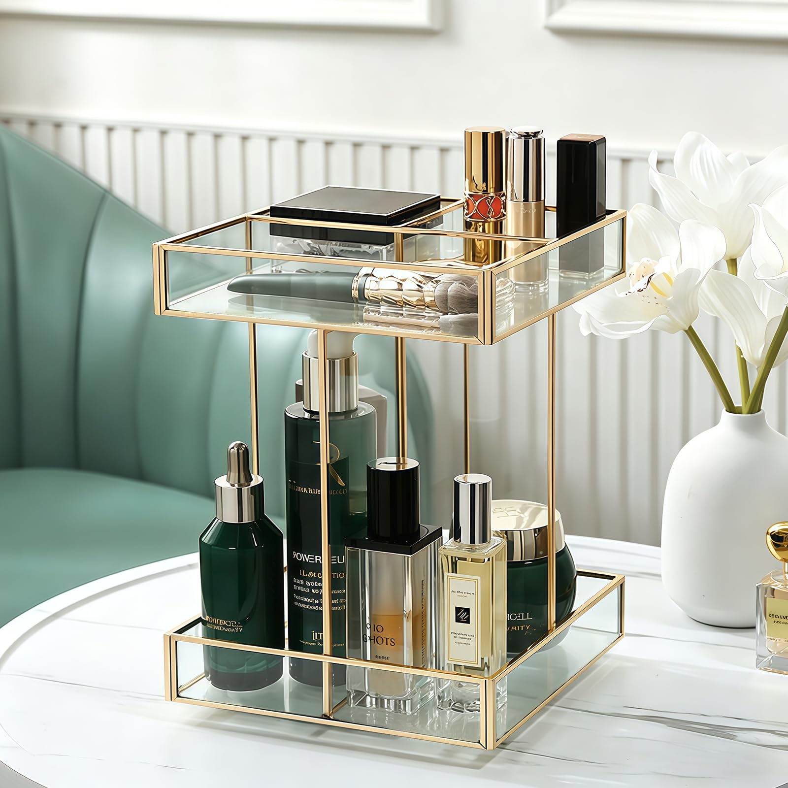Organizador de cosméticos giratorio 360°, gran capacidad, organizador de maquillaje de cristal para vestidor, dormitorio, cuarto de baño