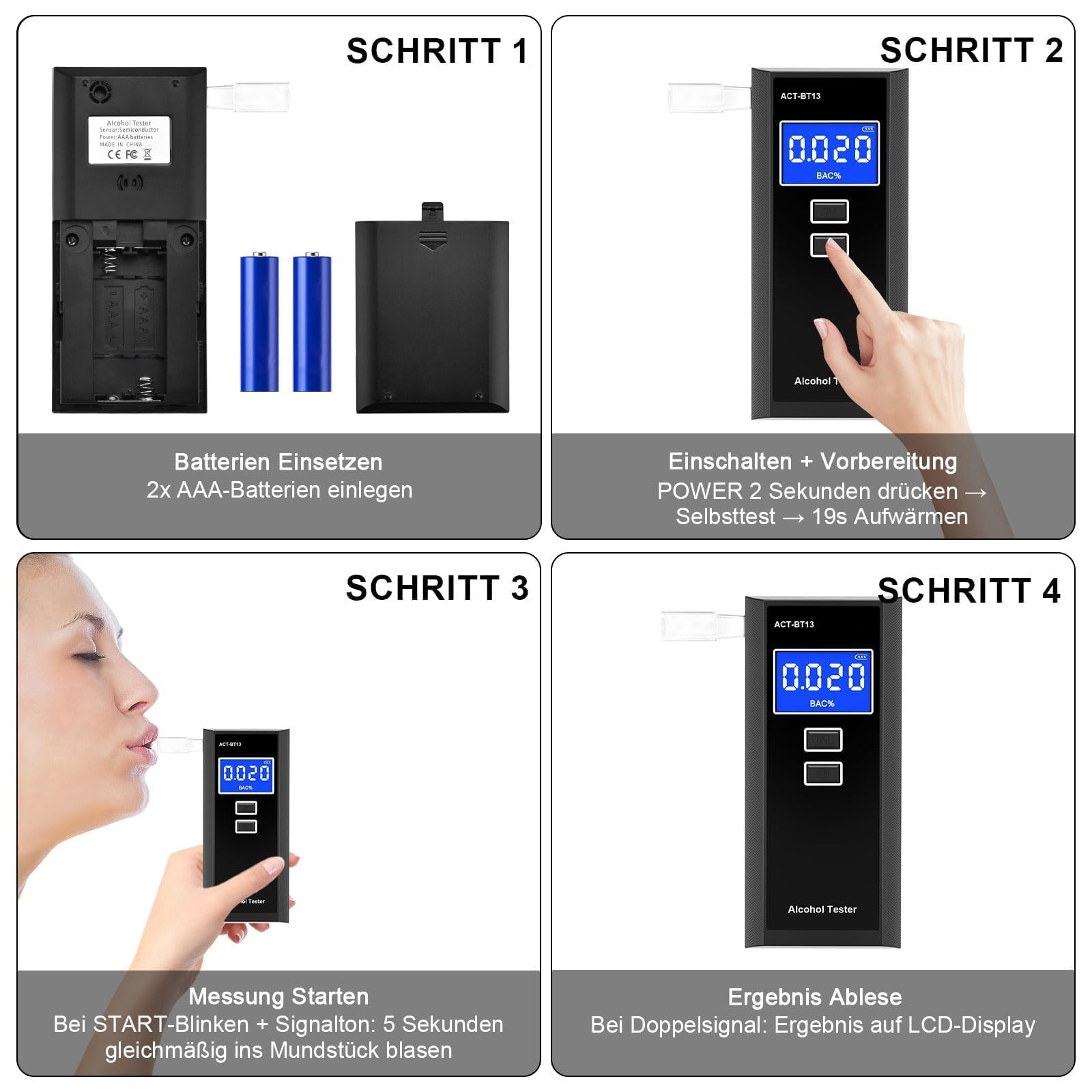 Alkoholtester mit 10 Mundstücken Tragetaschee - Präziser Tragbarer Alkotester, Digitales LCD Alkoholmessgerät, 50 Speicherplätze für Auto & Privat