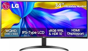 LG 34-Inch Curved UltraWide IPS Monitor, QHD (3440x1440), HDR10, 99% sRGB, FreeSync, Tilt