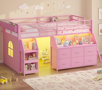 Low Loft Bed Twin Size with Storage, Open Bookshelf, LED Lights