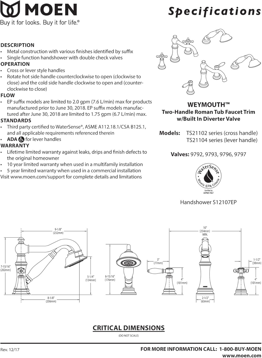 Moen TS21102BL Weymouth Roman Tub Faucet Trim with Cross Handles, Valve Required, Matte Black