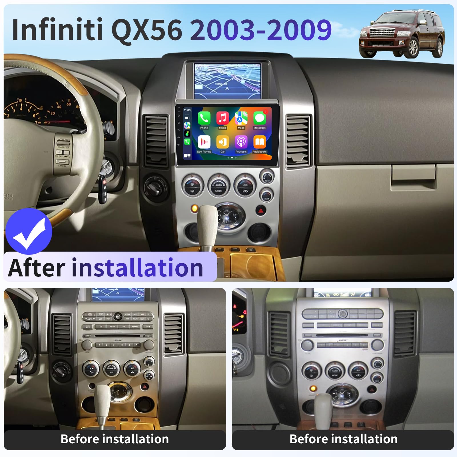 Car Radio for Infiniti QX56 2003-2009 Stereo Replacement Upgrade with Apple Carplay Android Auto 9 inch IPS 1920 * 1200 UHD Touch Screen with Bluetooth 4G WiFi DSP GPS Navigation FM/RDS Backup Camera