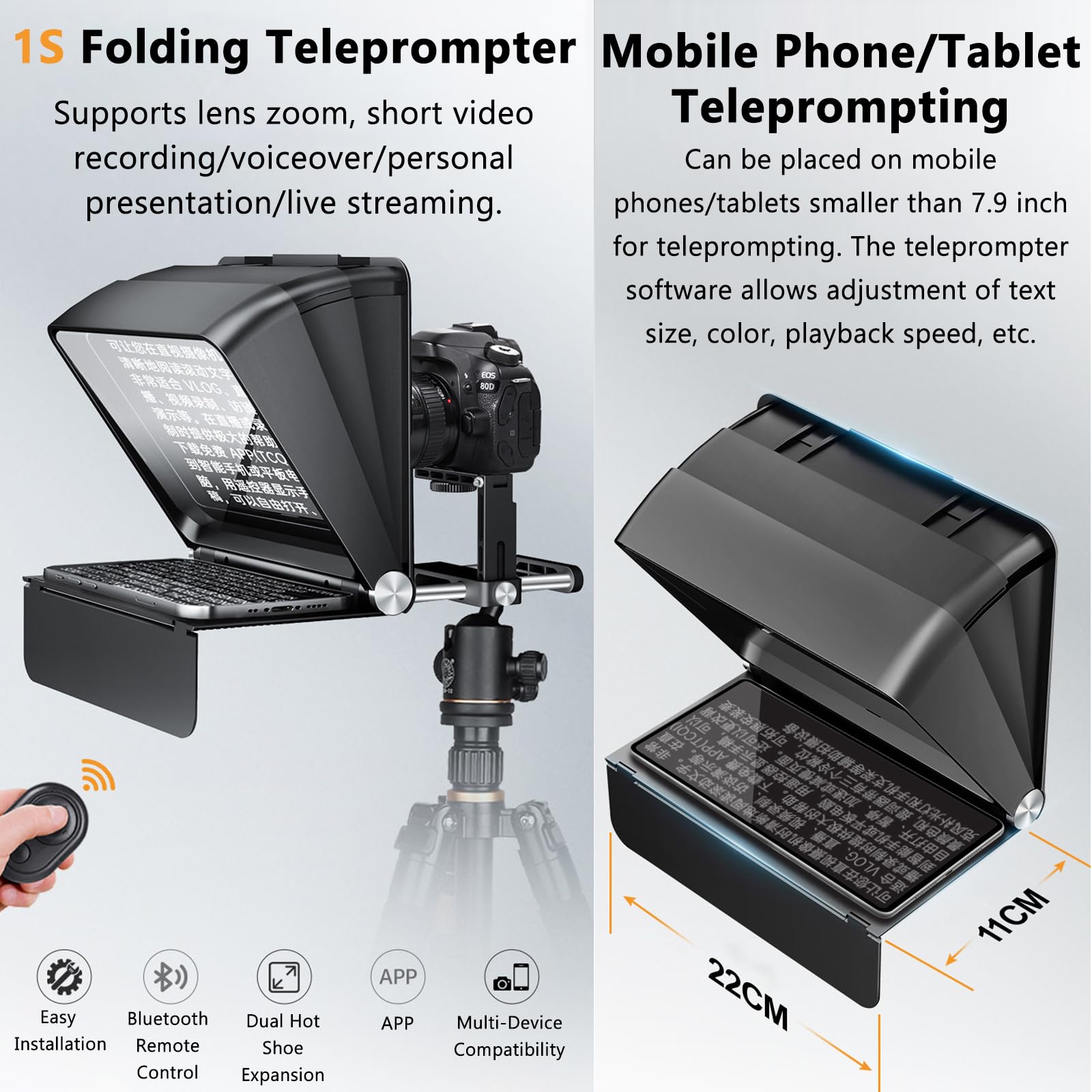 Teleprompter de Pantalla Grande, apuntador Plegable con Desplazamiento automático, Compatible con Lentes Gran Angular de 24-35 M, Desplazamiento automático, Compatible con Control Remoto