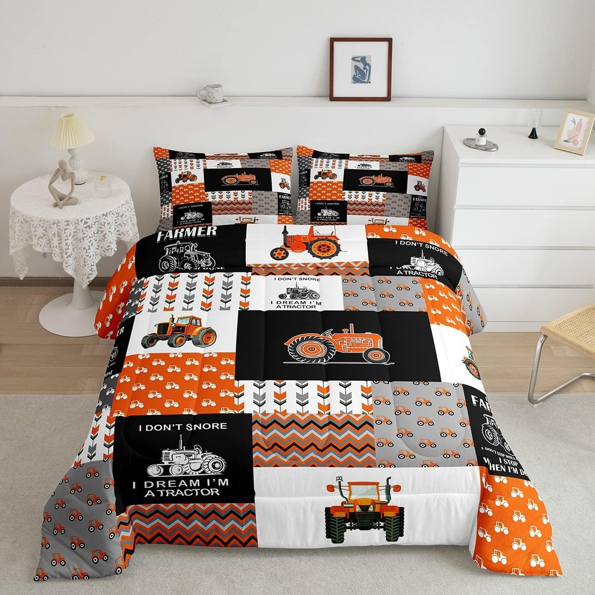 Feelyou Cartoon Farm Tractor Comforter Set Harvester Down Duvet for Kids Boys Girls Farm Excavator Bedding Set Truck Car Comforter Orange 1 Comforter Set with 1 Pillowcase Twin Size Boys Mul