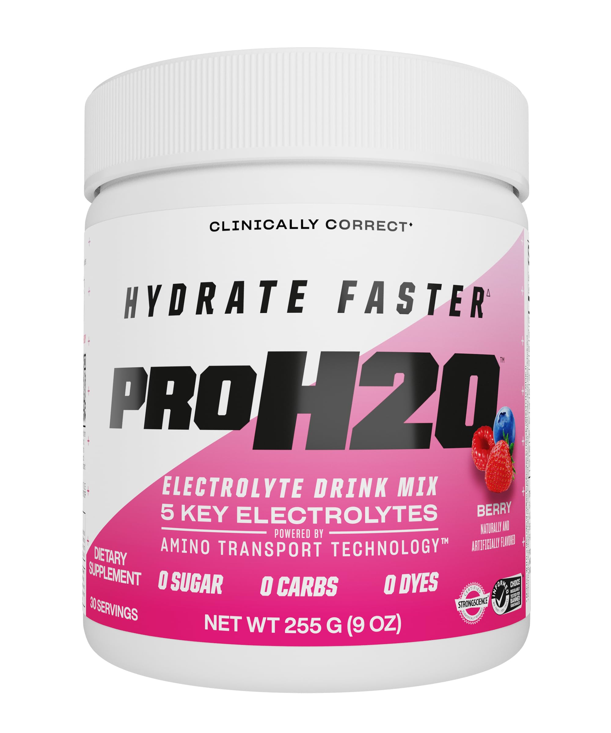 PVL PROH2O Electrolyte Drink Mix Powder with 5 Key Electrolytes, Amino Acid Blend, Vitamin C and B Vitamins, Zero Sugar, Zero Carbs, No Dyes, 30 Servings, 9 oz (255 g) (Berry)