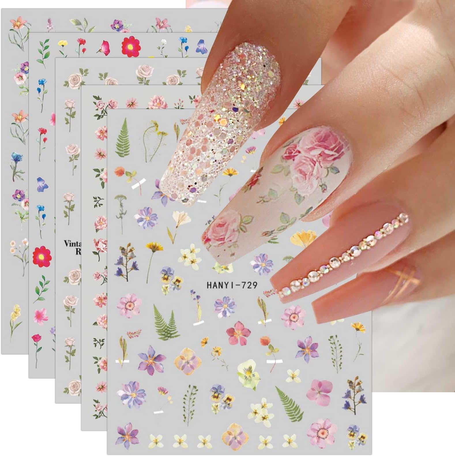 Amazon.com: Flower Nail Art Stickers 5D Nail Stickers Fresh Spring ...