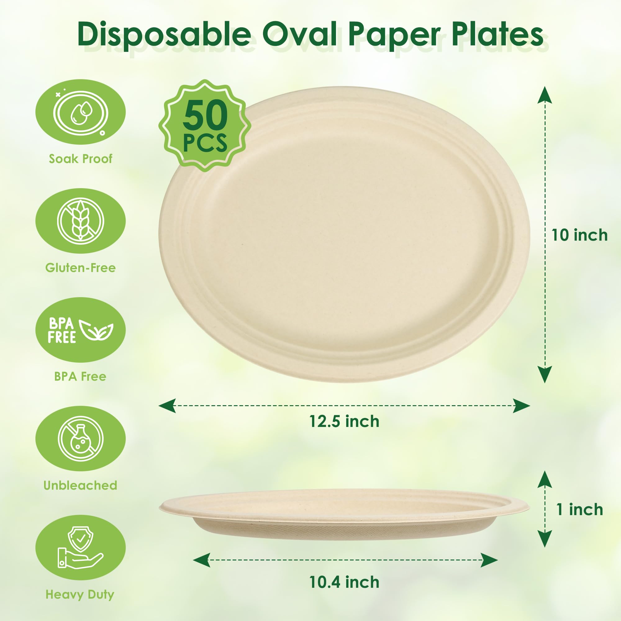 Piatti di carta ovali compostabili al 100%, 32,5 cm, confezione da 50 piatti usa e getta in bagassa, ecologici, biodegradabili, per barbecue, feste, picnic, colore marrone naturale