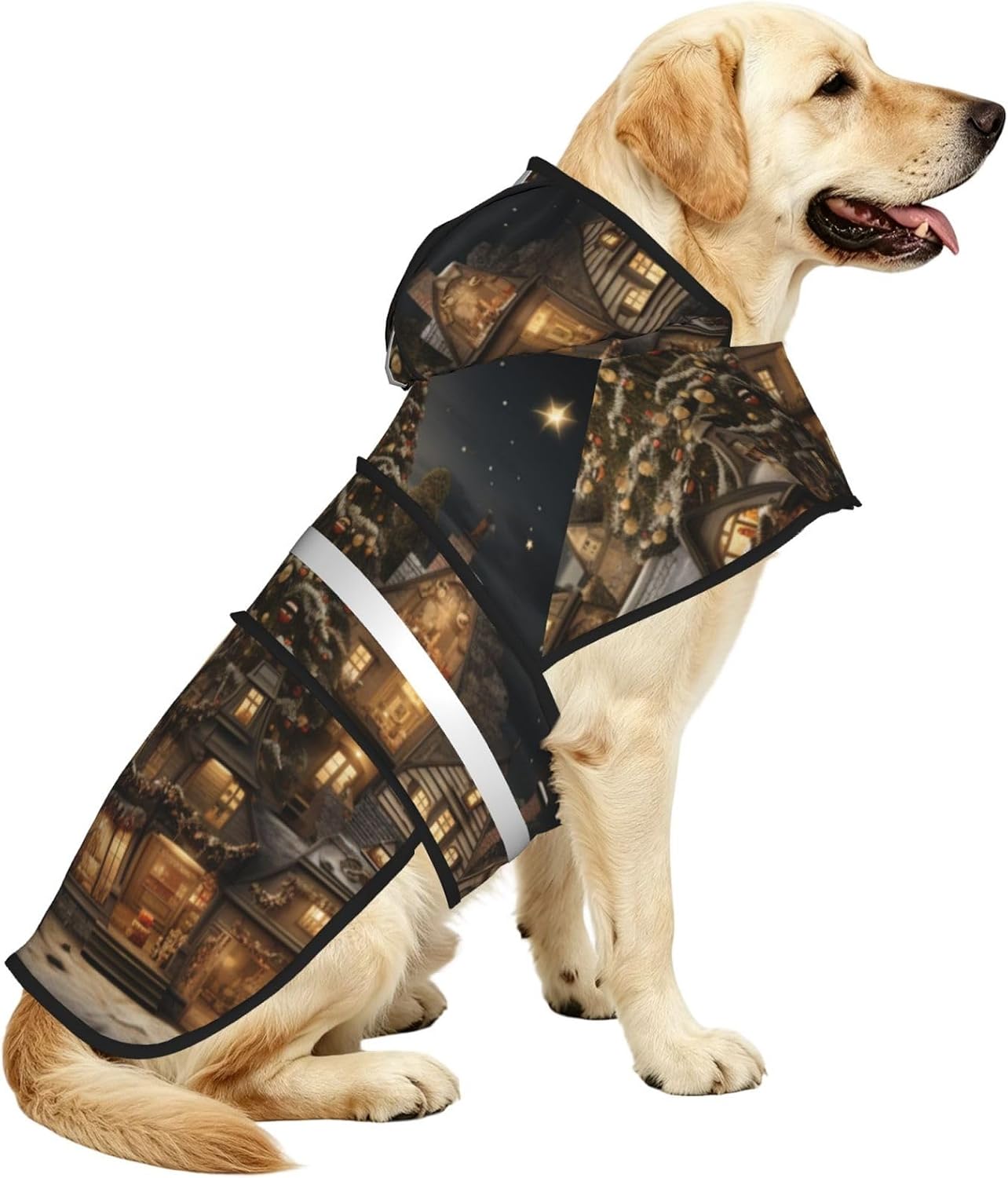 Huge Christmas Tree in the House Waterproof Dog Raincoat and Rain Jacket for Small Medium Large Dogs with Reflective Stripes and Adjustable Belly Strap