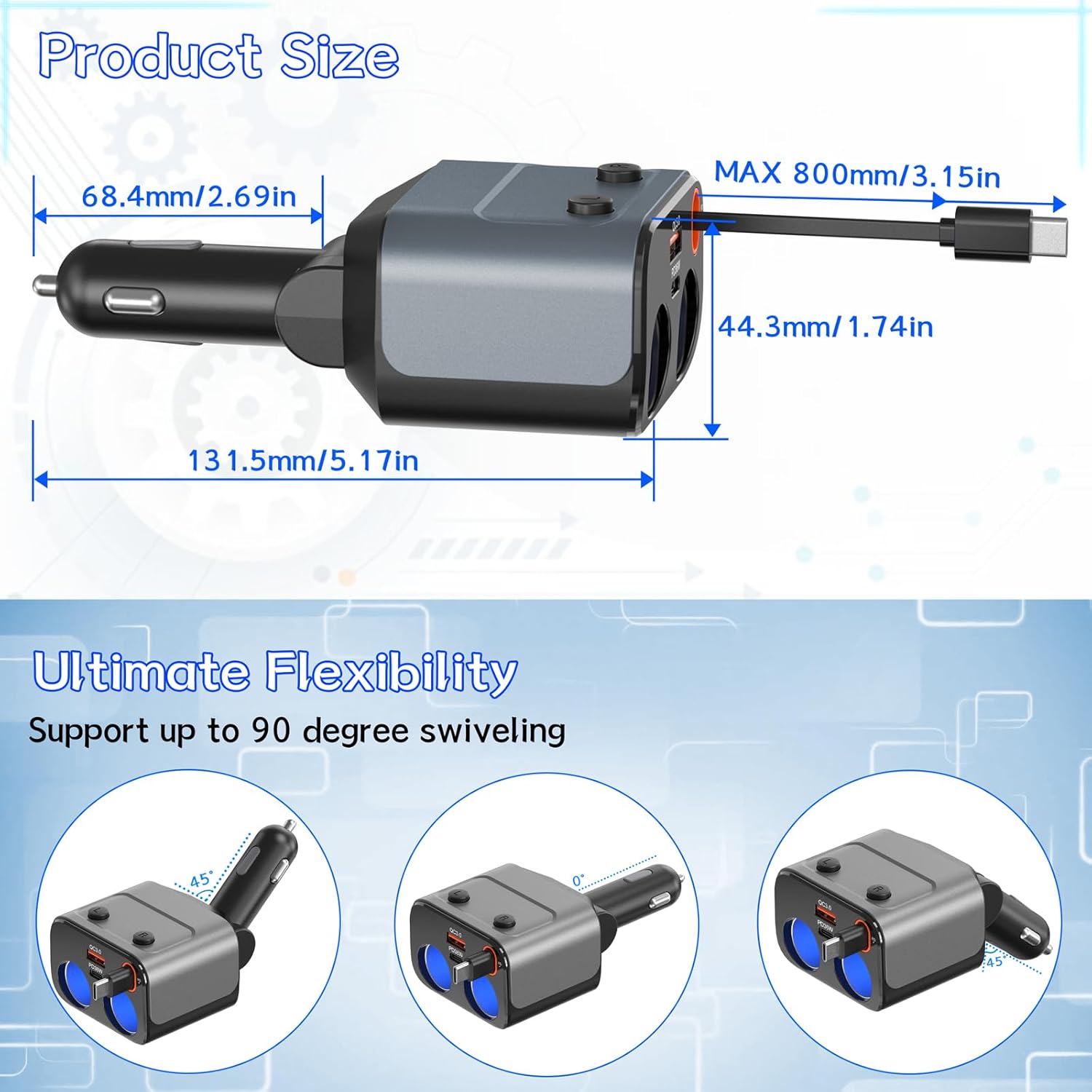 Retractable Car Charger, 180W 2-Socket Cigarette Lighter Splitter QC 3.0 and PD36W and Retractable PD 30W Lightning Cable with Separate Switch LED Voltmeter Replaceable 15A Fuse for GPS/Dash Cam/Phone