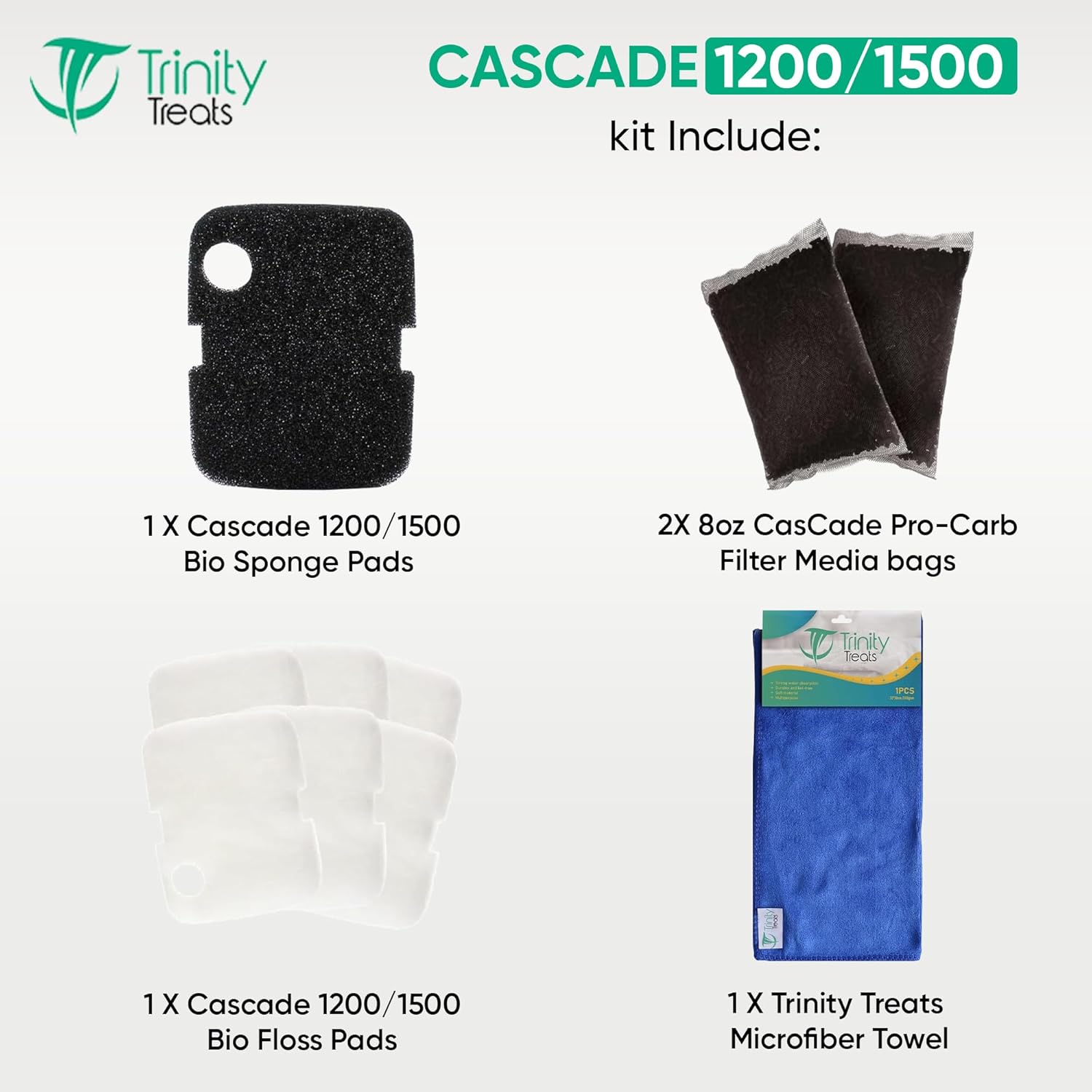 Cascade 1200/1500 Canister Maintenance & Replacement Filter Media Kit, Including Microfiber Cleaning Cloth(Poly Fiber Bio-Floss Pads, Bio Sponge, Media Bags Filled with Carbon