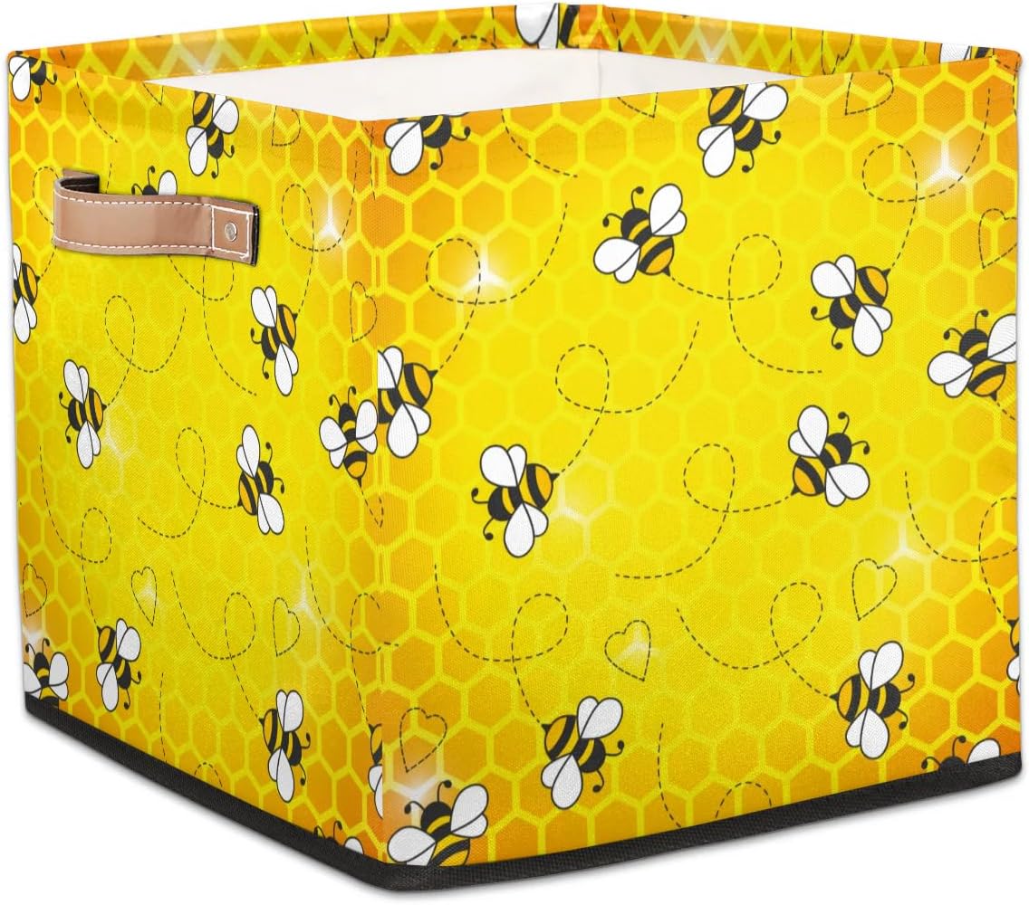 13 Inch Fabric Storage Cube with Handles, Cute Cartoon Bees Collapsible Square Storage Basket, Honeycomb Print Storage Bin Canvas Closet Organizer for Toys Books Clothes
