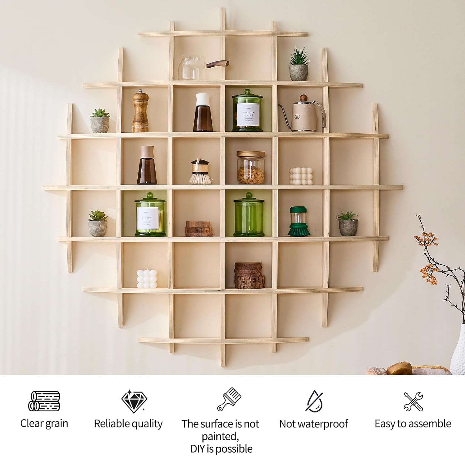 47" x 47"Oversize Wooden Coffee Mug Display Shelf,Rustic Wooden Floating Curio Shelf-Mug Holder for Wall,Wall Mounted Tea Cup Display Stand for Living Room Kitchen Office