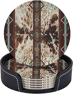 6 Pcs Cowhide Print Western Leather Coasters for Drinks with Holder Coaster Sets Drink Table Cup Coasters for Living Room Kitchen Coffee Decor