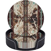 6 Pcs Cowhide Print Western Leather Coasters for Drinks with Holder Coaster Sets Drink Table Cup Coasters for Living Room Kitchen Coffee Decor
