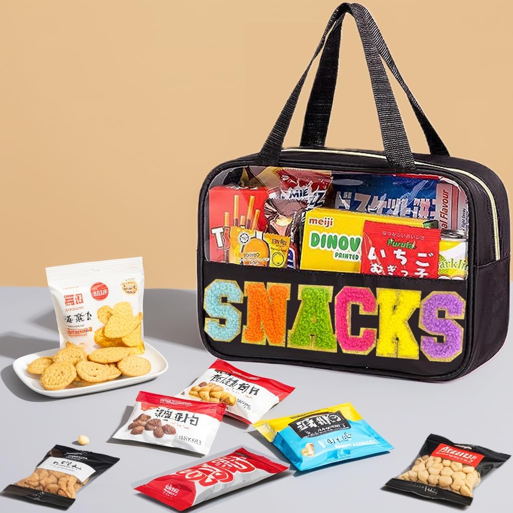 Chenille Letter Snacks Bag Clear Snack Bag Pouch with Handle and Zipper Waterproof Nylon Portable Travel Tote Makeup Bag for Women - Image 2