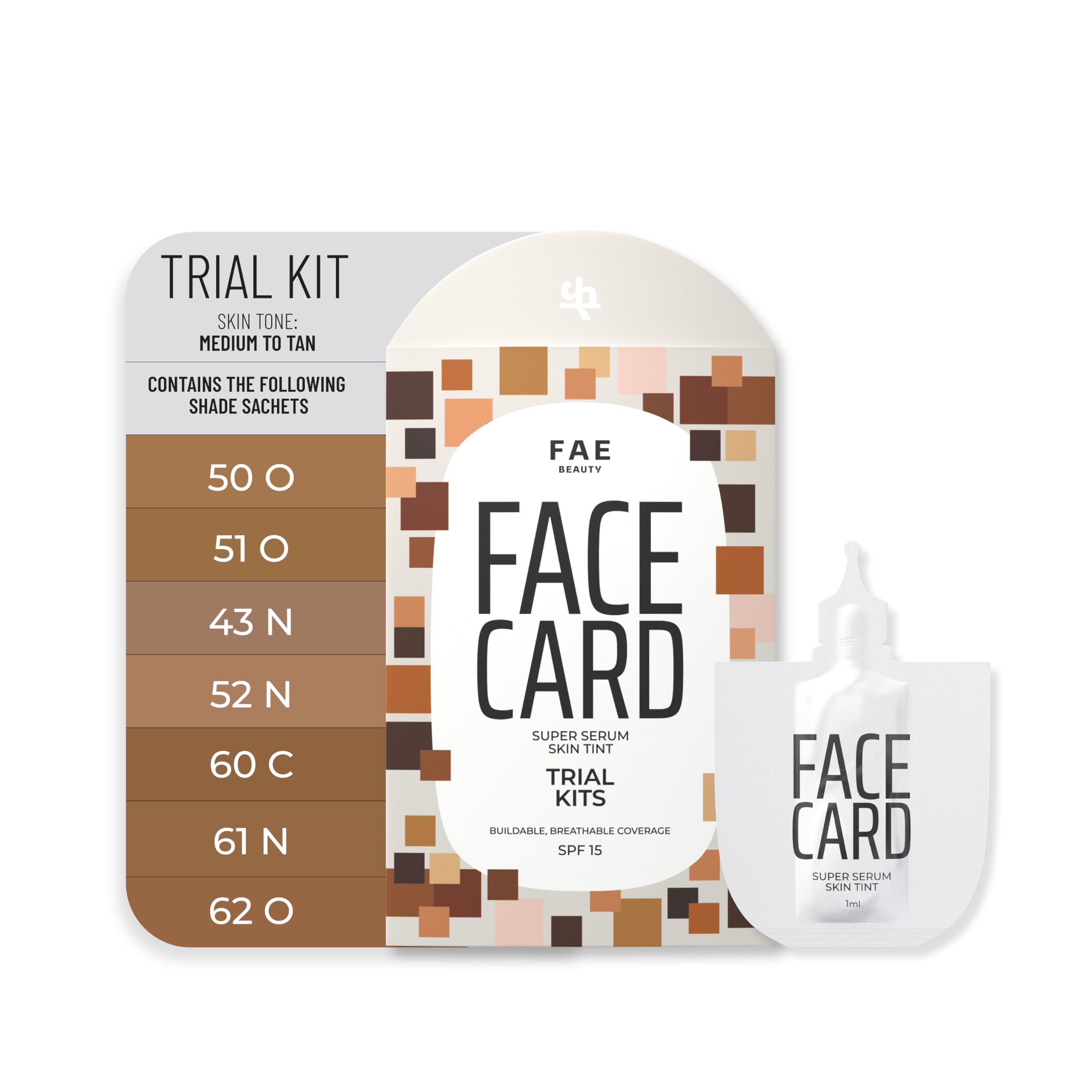 FAE Beauty Face Card 4-in-1 Super Serum Skin Tint Trial Kit | Hydrates, Primes, Provides Coverage & Protects with SPF | Medium to Tan | Shades - 50O, 51O, 43N, 52N, 60C, 61N, 62O