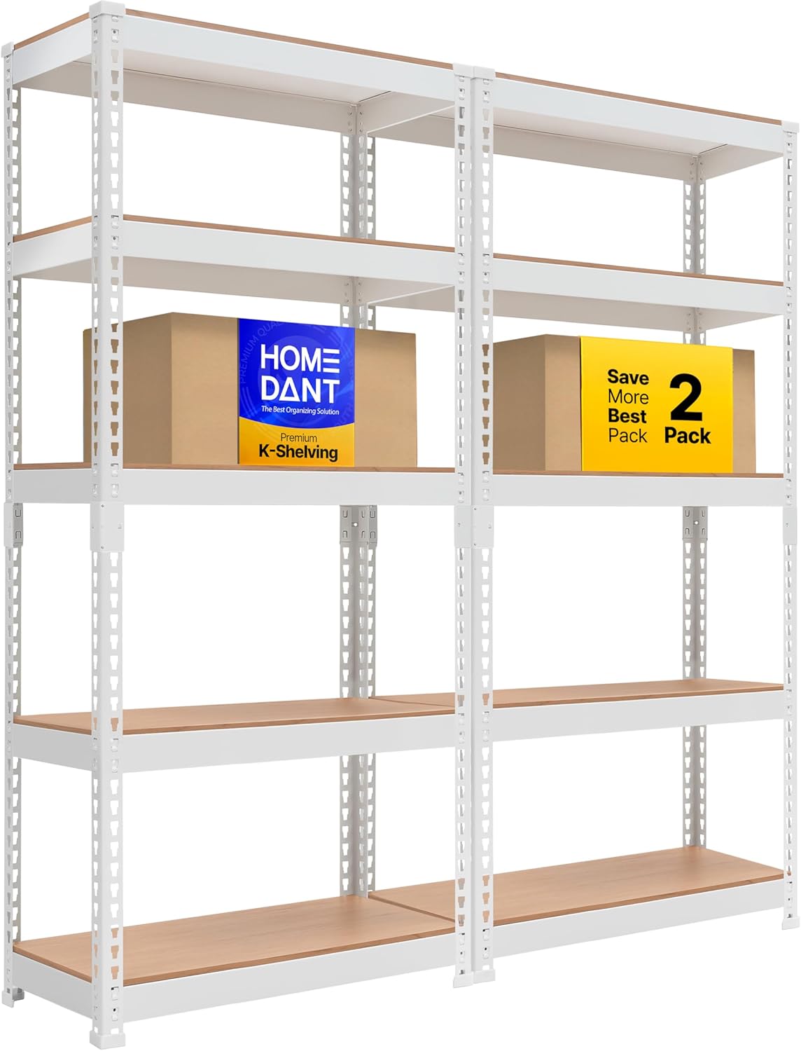 HOMEDANT 5 Tier Laminated White Boltless Metal Shelving Unit Adjustable Garage Storage Utility Rack Heavy Duty Shelves Organization Multipurpose Shelf Warehouse Pantry 28" W x 12.3" D x 59.5" H 2Pack