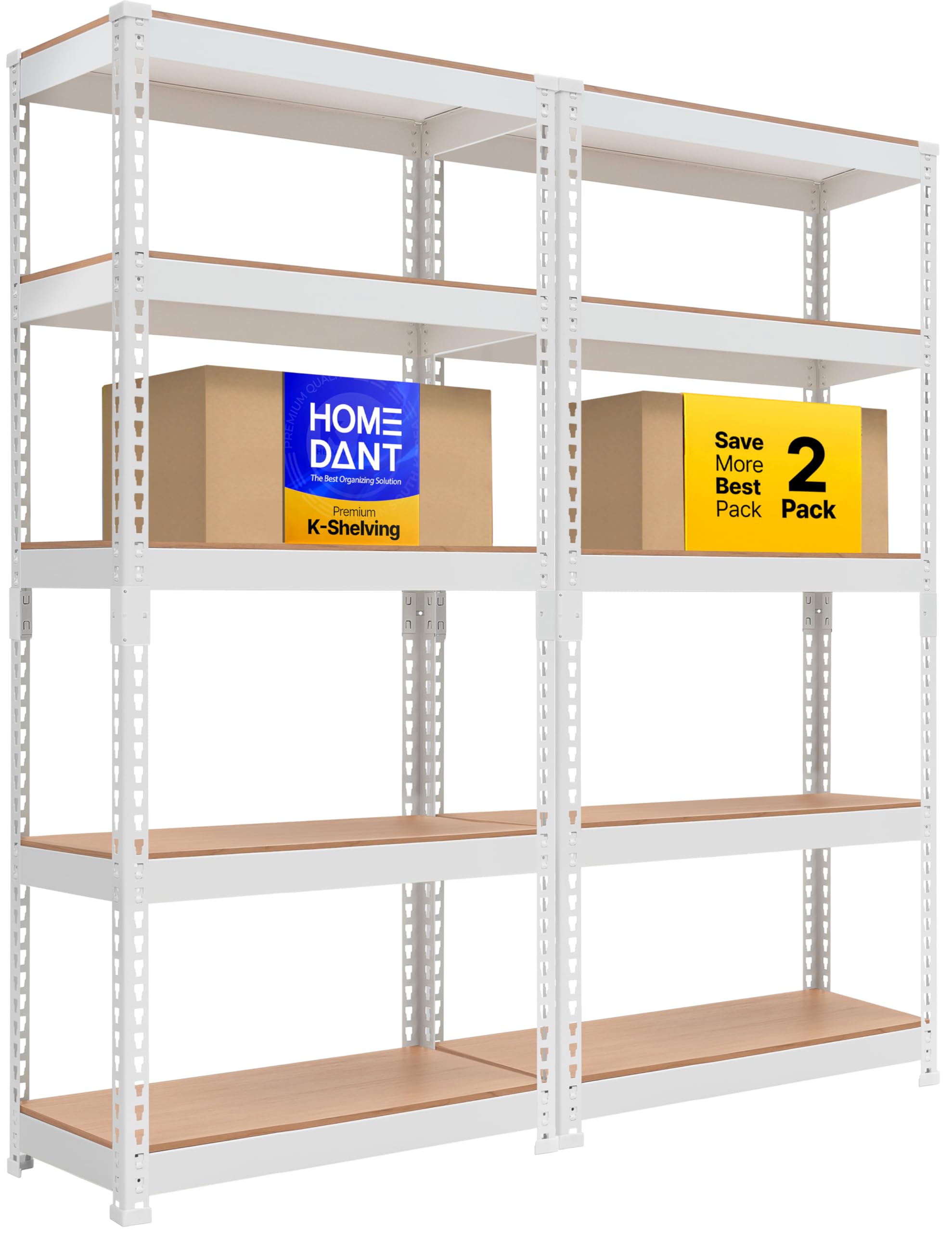 HOMEDANT 5 Tier Laminated White Boltless Metal Shelving Unit Adjustable Garage Storage Utility Rack Heavy Duty Shelves Organization Multipurpose Shelf
