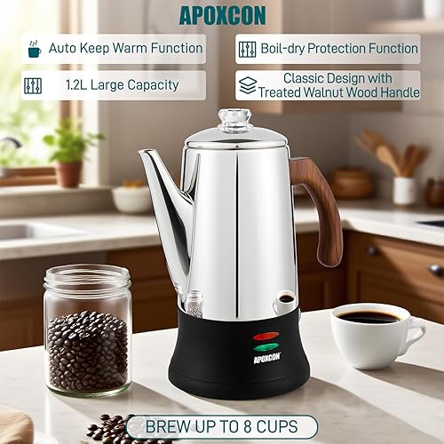 Miniatura 4 de Cafetera eléctrica de acero inoxidable con dos pomos de vidrio resistentes al calor y mango de madera maciza tratada que mantiene el calor,