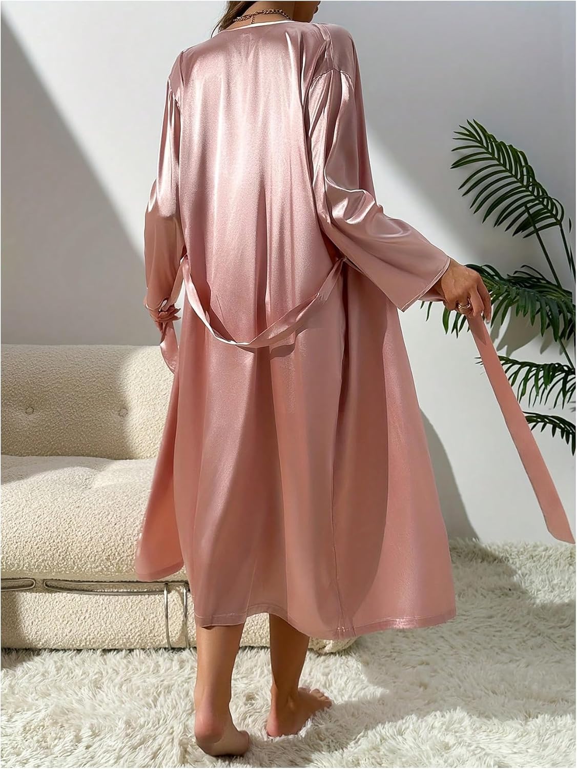 SOLY HUX Women's Satin Pajama Set Cowl Neck Silk Nightgown Slip Cami Dress with Belted Robe