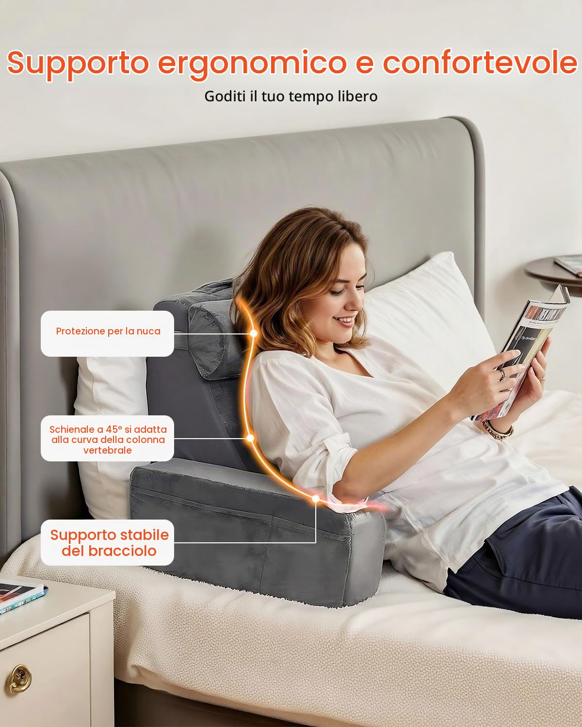 VEVOR Cuscino da Lettura per Schienale del Letto con Braccioli e 3 Tasche, Grande Cuscino da Letto con Supporto per Collo Rimovibile e Spugna 25D, per Leggere, Giocare, Riposare, Lavorare, Grigio
