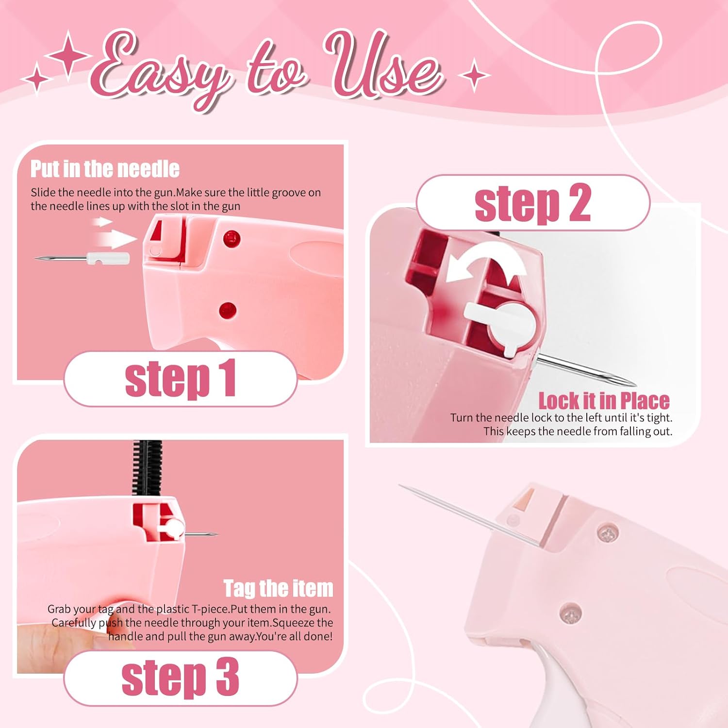 Stitch Gun for Clothes - Handheld Tagging Gun for Clothing Stitchy Quick Clothing Fixer - Includes 6 Needle, 1000 Black Fasteners & 1000 White Fasteners (Pink) - Image 7