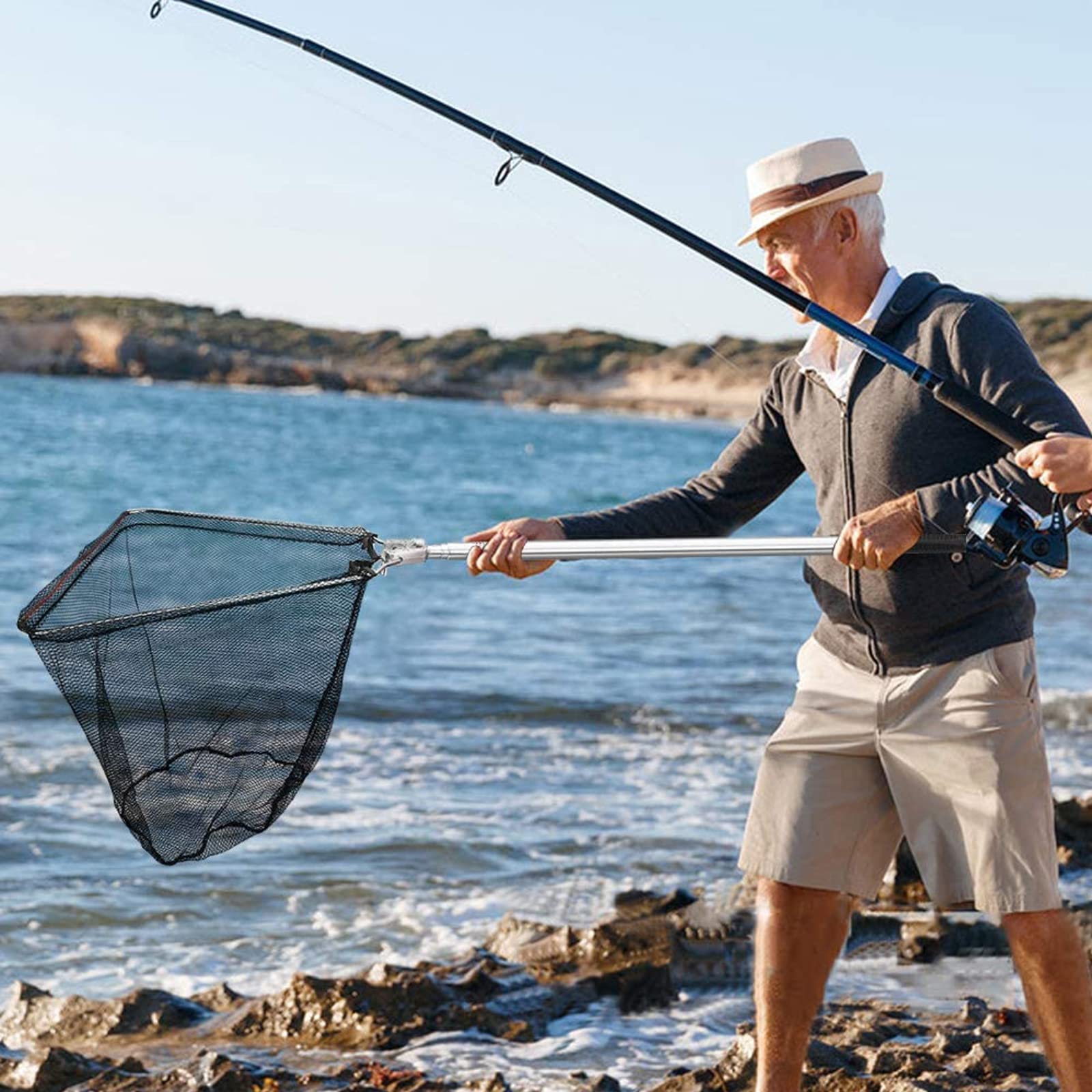Épuisette de Pêche Pliable,190cm Long Manche Téléscopique,Poteau en Alliage d'Aluminium 4 Section/Filet Nylon Triangulaire,Extensible de 37 à 68 Pouces,pour Carpe Truite Crevette Etang Bassin Poisson