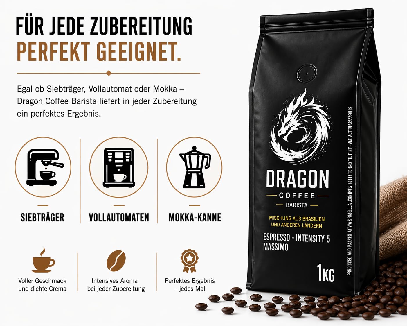 Dragon Coffee Massimo Espresso – Espresso Bohnen 2x1 kg | 70% Robusta / 30% Arabica | Ganze Bohnen | Mittlere italienische Röstung | Kräftiger Espresso mit dichter Crema