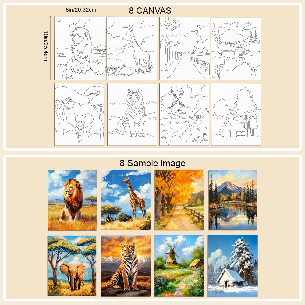 WEBEEDY 8 pezzi Canvas Pre Drawn Set per adulti, 20 x 25 cm Dipinti su tela per Date Night Sorso e vernice Party Supplies regalo (animali e paesaggi)