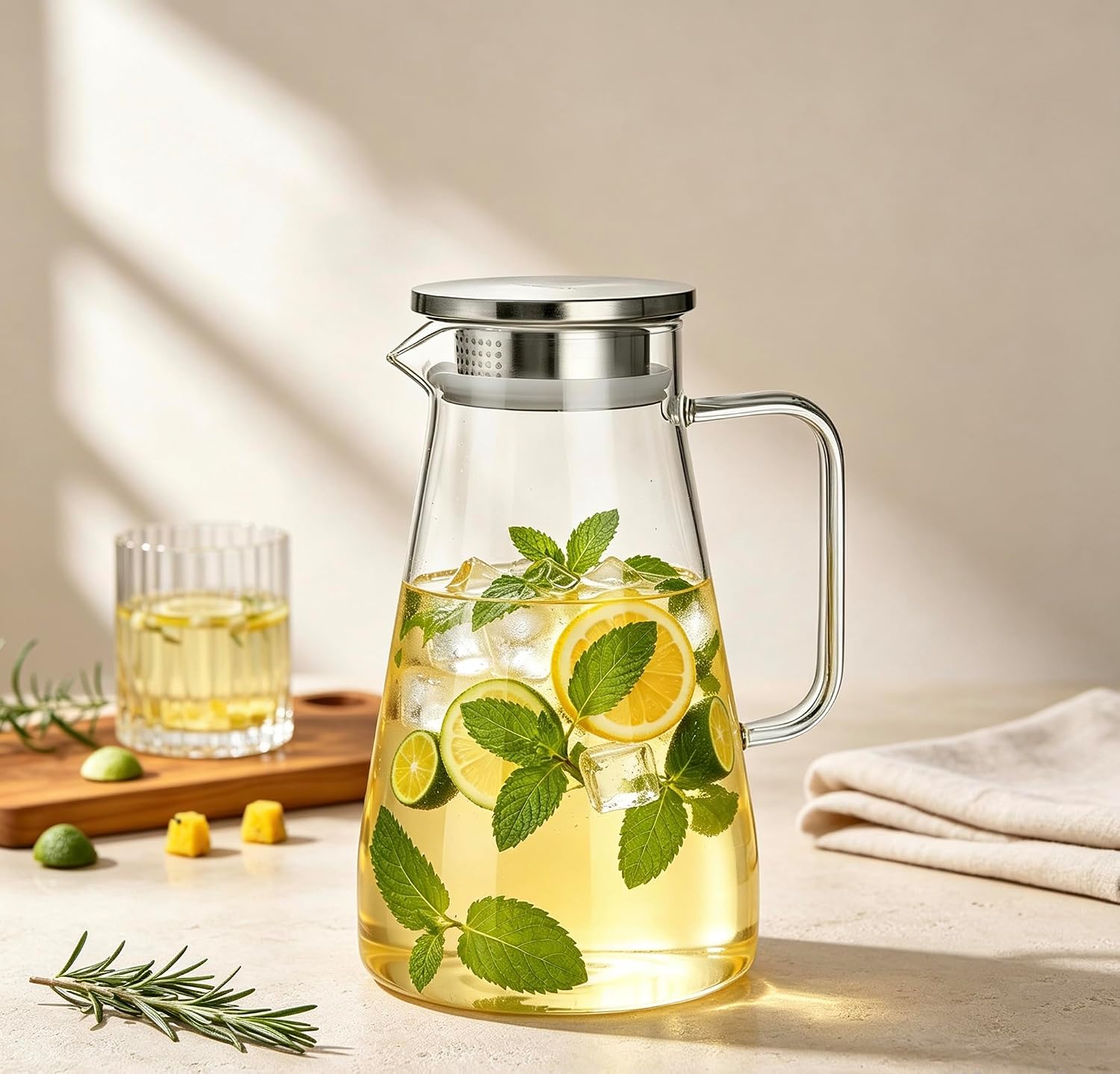 CNGLASS Glass Pitcher with Stainless Steel Filter Lid, 56oz Glass Jug for Iced Tea, Juice & Coffee, Large Water Carafe