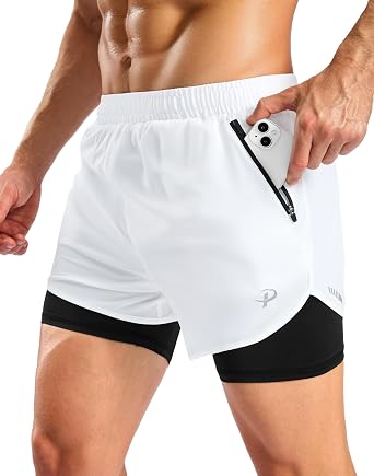 Pudolla Mens Lightweight 2 in 1 Gym Running Shorts 5" Zipper Pockets Quick Dry Workout Athletic Shorts Compression Liner