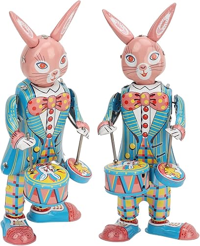 Miniatura 2 de BYERZ Juguetes de reloj retro de conejo, juguetes de cuerda de conejo, mano de obra fina y simple, hojalata de tambor oscilante para colección