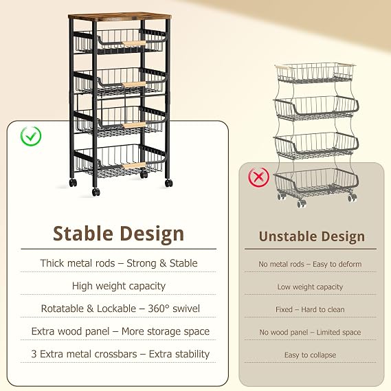 5-Tier Kitchen Trolley on Wheels, Vegetable Storage Rack