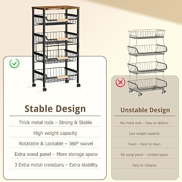 5-Tier Kitchen Trolley on Wheels, Vegetable Storage Rack