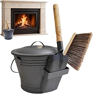 Fireplace Ash Bucket Tools with Lid and Shovel, Broom, Storage Holder Coal Ash Can Bin Box Fire Log Container Accessories for Fireplace Fire Pits, Hearth, Wood Stoves