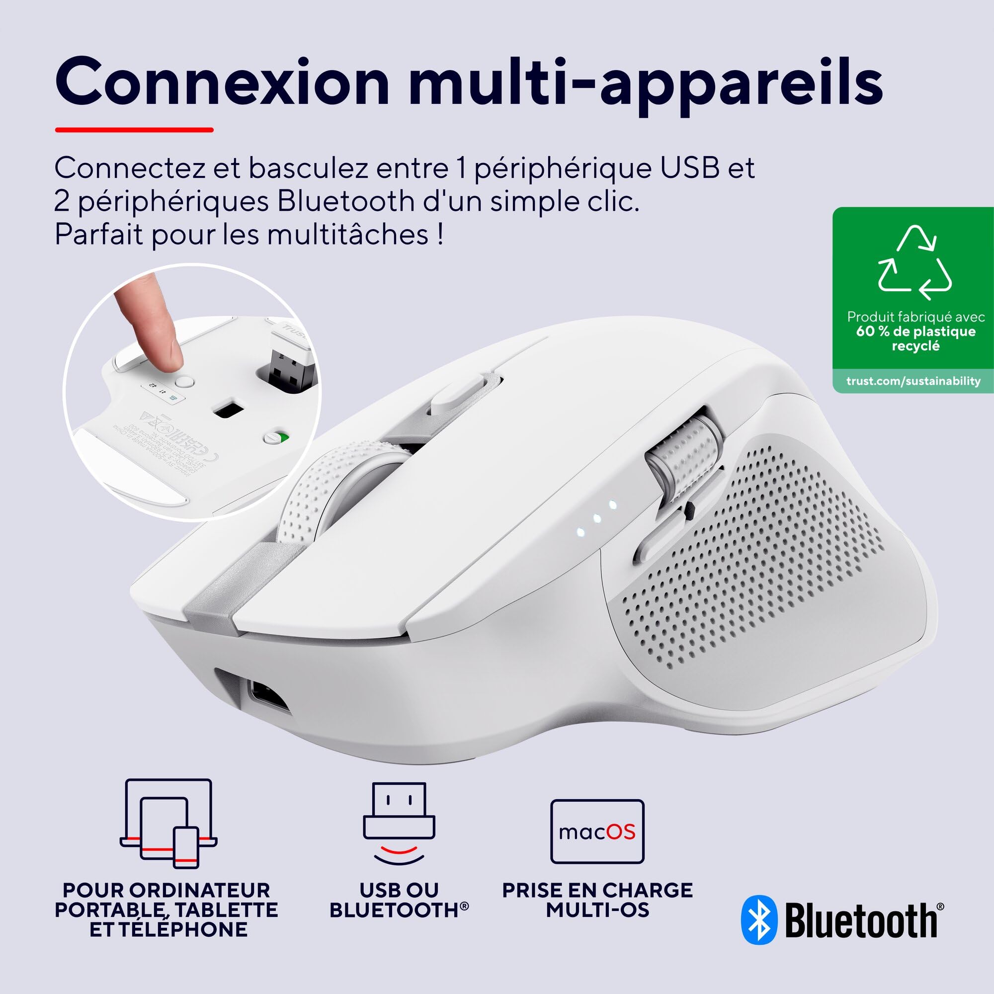 Trust Ozaa+ Souris sans Fil Bluetooth + 2.4GHz Multi-appareils, Blanc