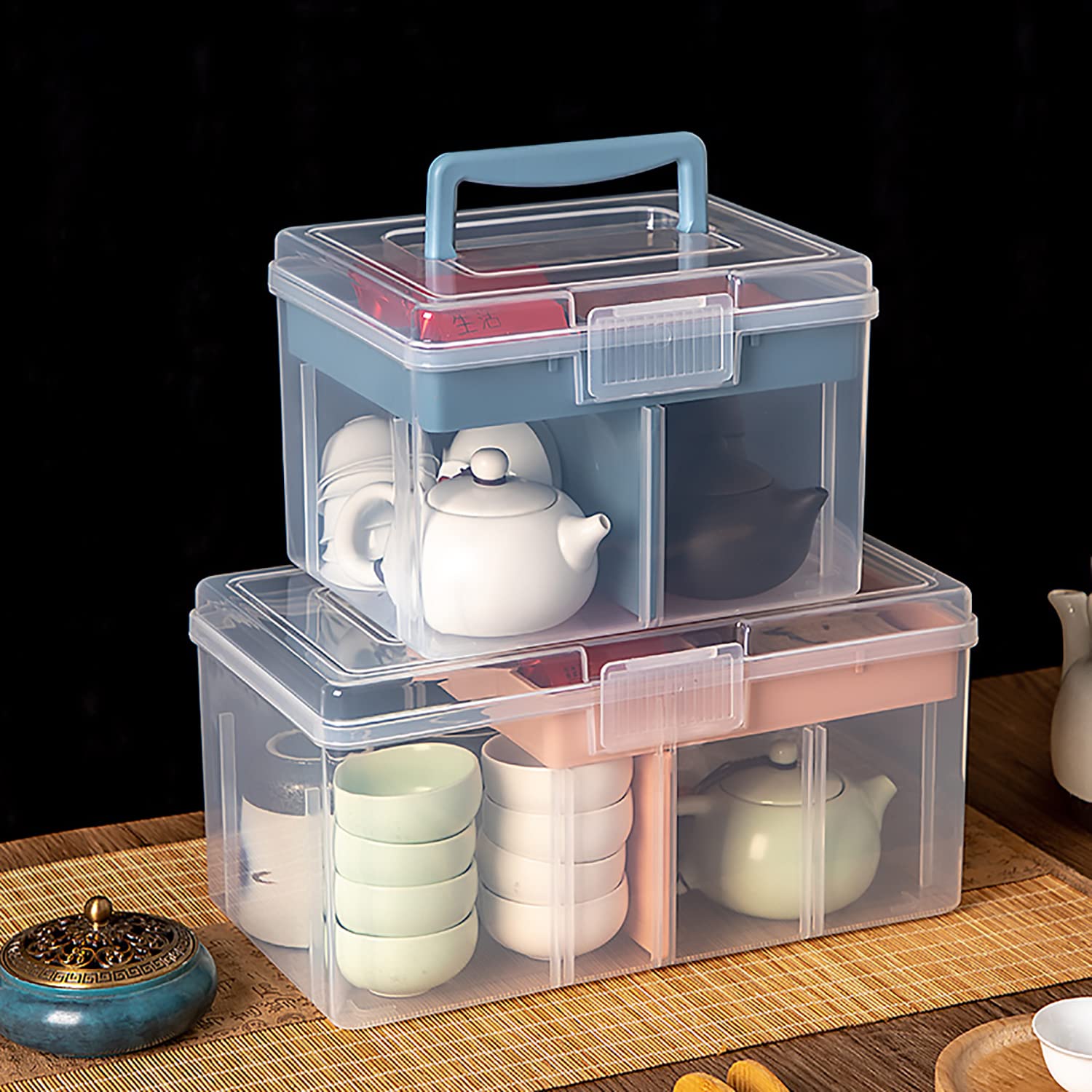 Caja de almacenamiento pequeña de plástico transparente con asa y una bandeja extraíble y divisor ajustable, caja de arte para niños, estudiantes, niños, organizador de escritorio, caja de
