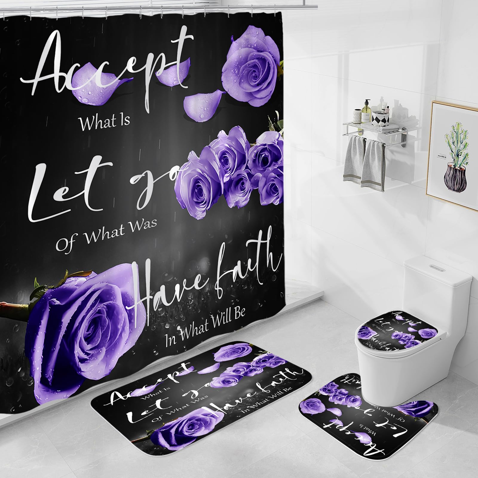 4 Pcs Lavender Rose Shower Curtain Sets with Non-Slip Rug, Toilet Lid Cover and Bath Mat, Thankful Blessed Black Purple Retro Elegant Shower Curtain