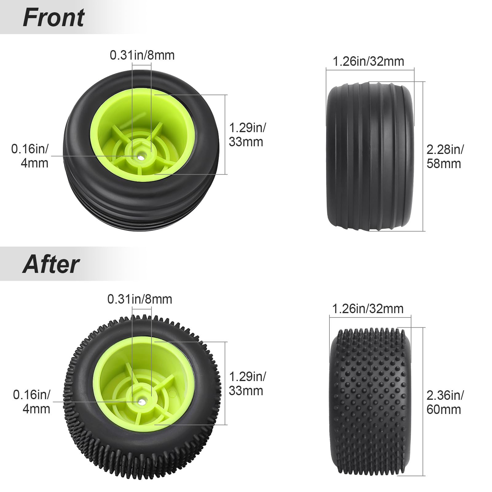 Mounted Front Wheels For Losi Mini T 2.0 - 1/18 Scale Off Road Tires (Yellow)