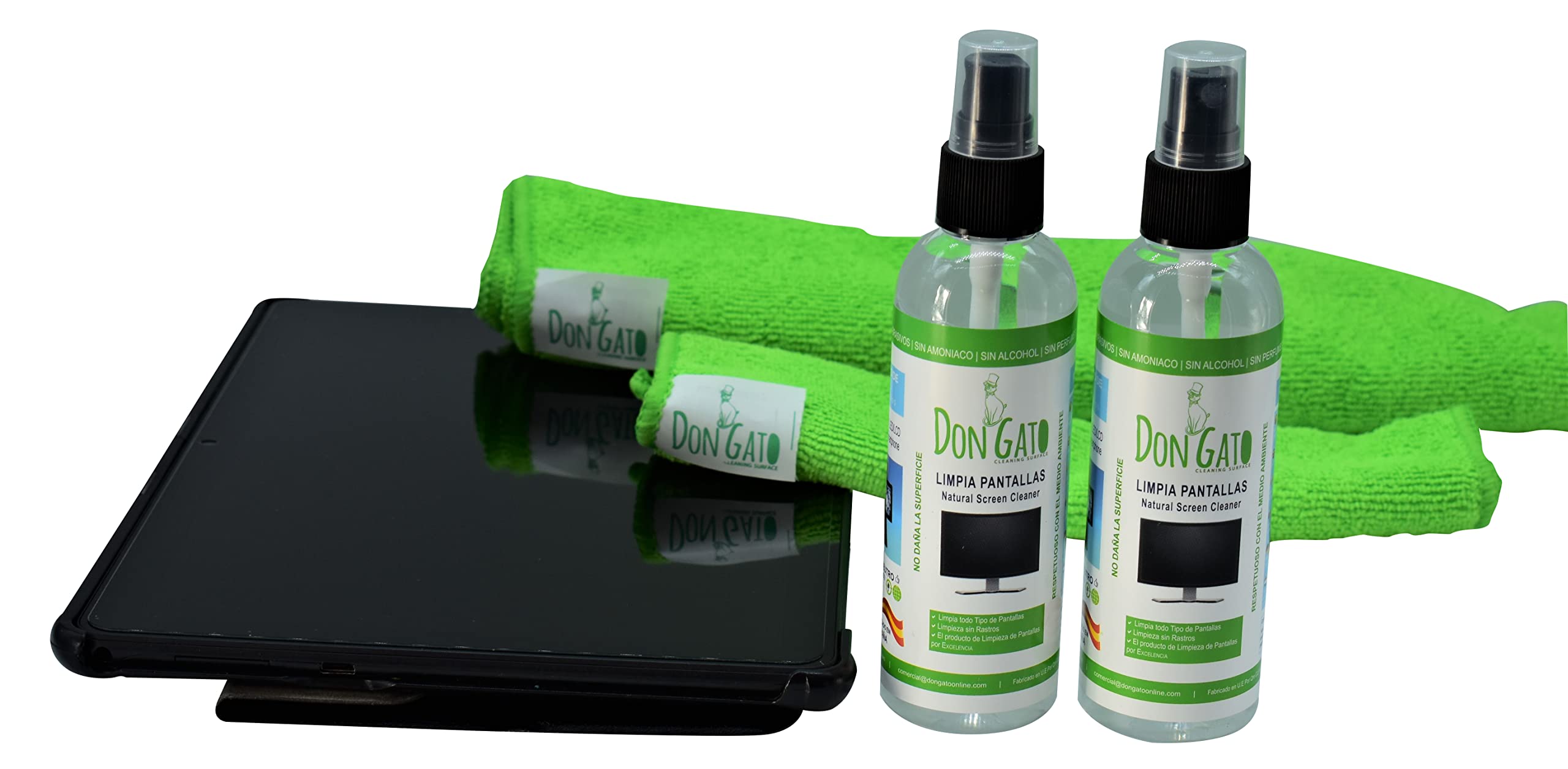 Don Gato – pulizia dello schermo (100ml x 2) + 2 panno in microfibra per TV, Tablet, Computer portatile, LCD, LED, telefono cellulare. Prodotti naturali e rispettoso dell'ambiente.