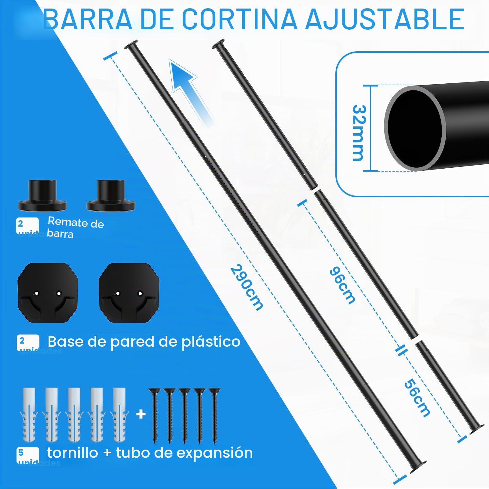 WELDUN Barras de cortina extensibles de 98 a 290 cm, sin taladrar Φ32 mm, incluye 2 bases de pared, barra telescópica de metal para baño y ventana, color negro