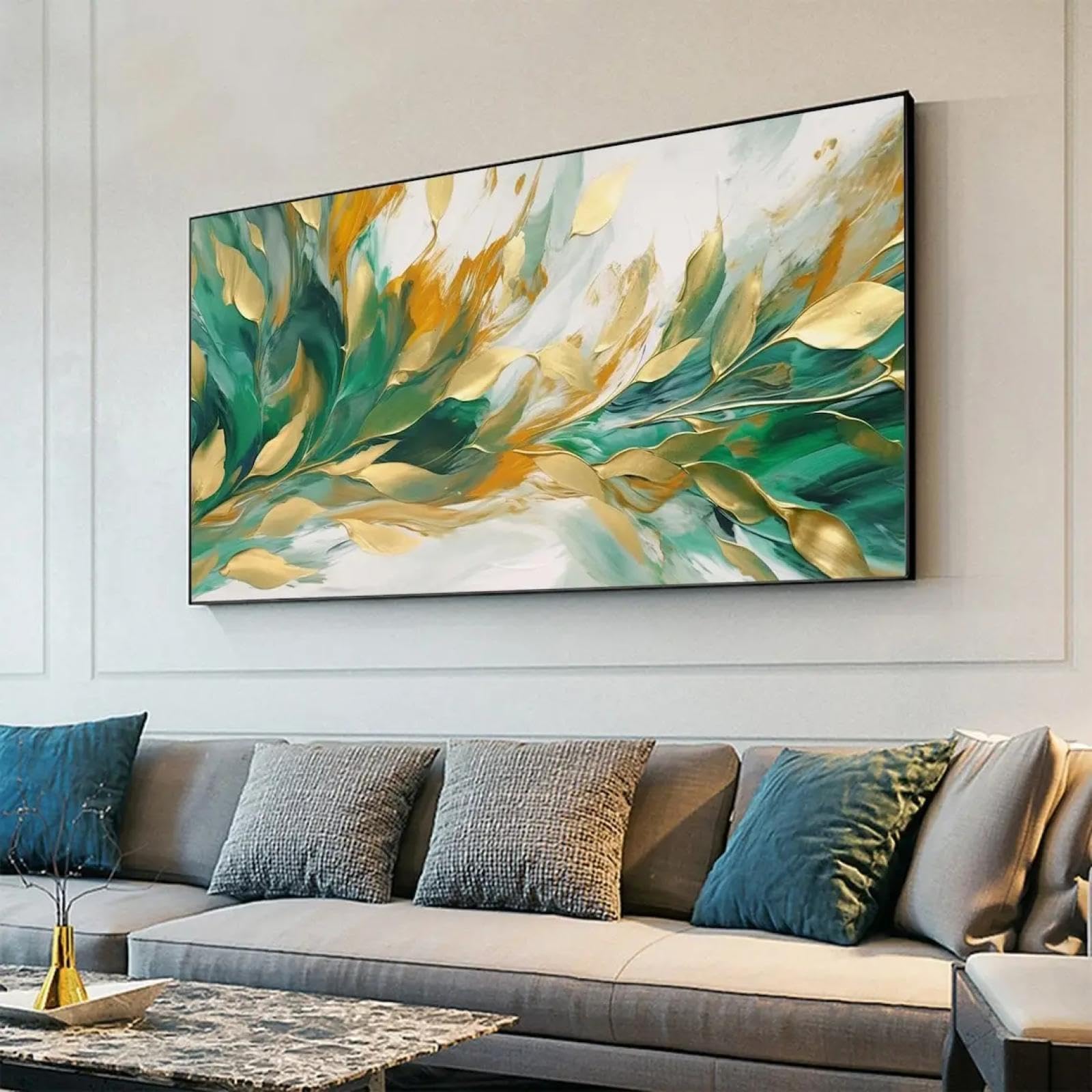 Cuadro abstracto de hojas modernas grandes sobre lienzo, decoración artística dorada, planta verde, pintado a mano, arte de pared para sala de estar, 70 x 140 cm (28 x 55 pulgadas), con marco dorado.