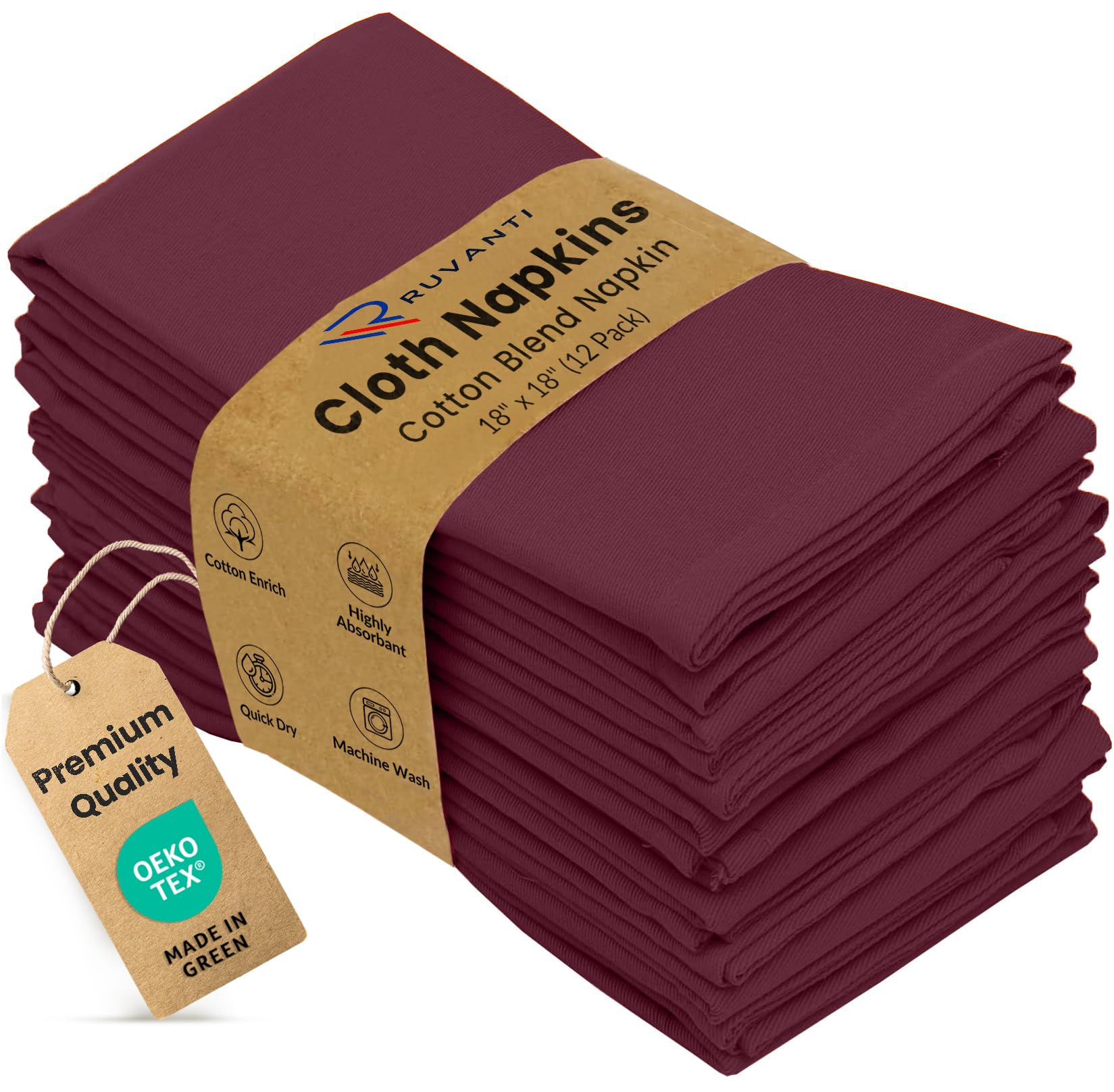 Ruvanti Cloth Napkins Set of 12, Cotton Enrich 18”x18” - Burgundy