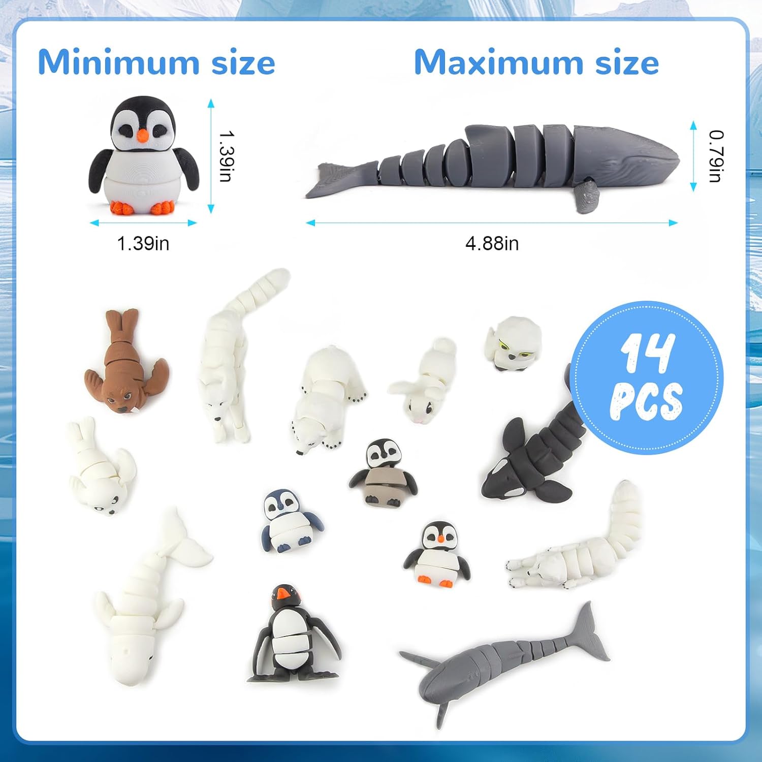 14PCS 3D Printed Arctic Animals Figurines Toys, Realistic Polar Animal Articulated Bath Toys with Polar Bear Fox Penguin Orca Cake Toppers Christmas Birthday Toy Gift for Toddlers Kids - Image 4