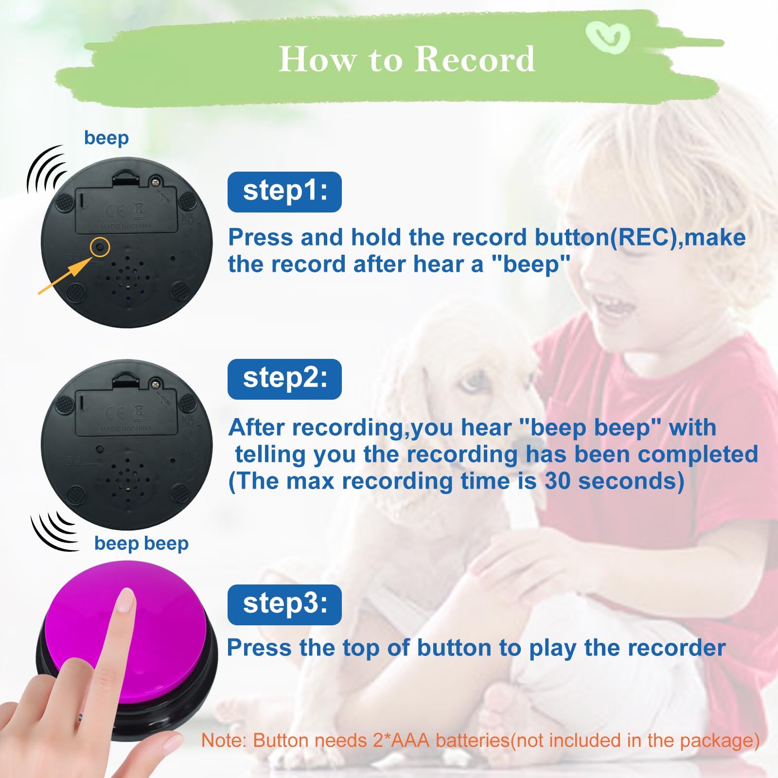 Gelabur Set di 2 pulsanti per comunicazione, registrabili vocalmente, per l'addestramento del cane, per imparare a parlare, per animali domestici, strumenti per parlare facilmente