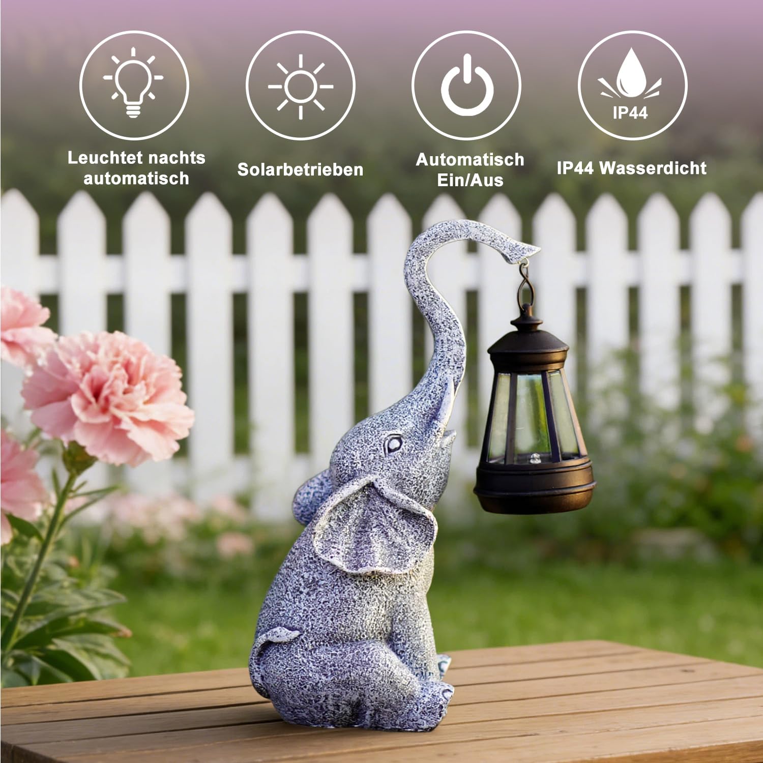 Yeomoo Elefanten Deko mit Solar Laterne Gartenfiguren - für Außen Gartendeko mit Wetterfest LED Solarlampe für Balkon Garten, Geschenke für Frauen Männer Mama Geburtstagsgeschenk Grau